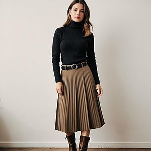 Fashionable Woman in Black Turtleneck and Pleated Skirt
