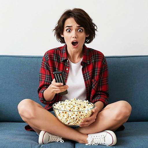Surprised Woman Watching TV with Popcorn on Couch