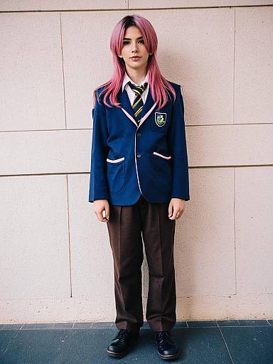 Young Woman in Navy and Pink Trim School Uniform with Pink Hair
