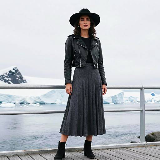 Woman in Antarctic Press Style Wearing Cropped Black Leather Jacket and Grey Skirt