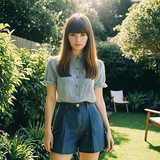 Young Woman in Casual Denim Shorts and Striped Shirt in Garden