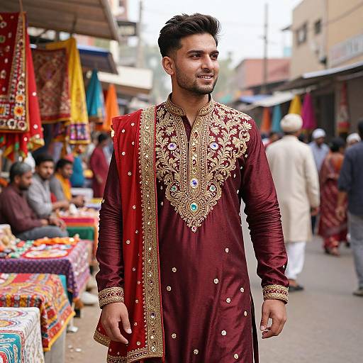 Young Man in Traditional Embroidered South Asian Outfit at Busy Market