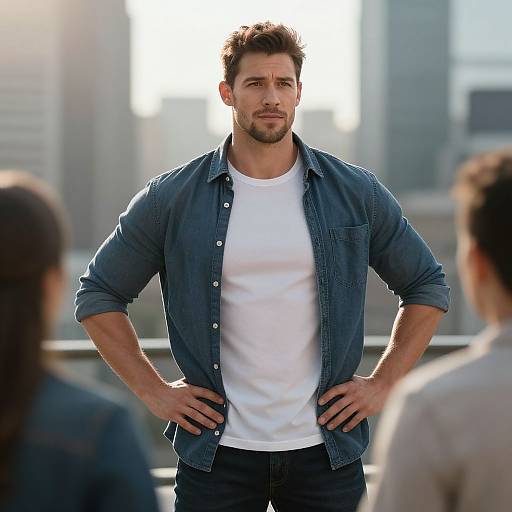 Confident Young Man in Casual Denim Shirt Outdoors with Cityscape