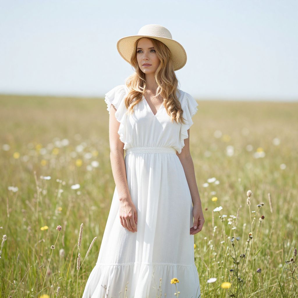 Woman in White Dress and Straw Hat Standing in Wildflower Meadow