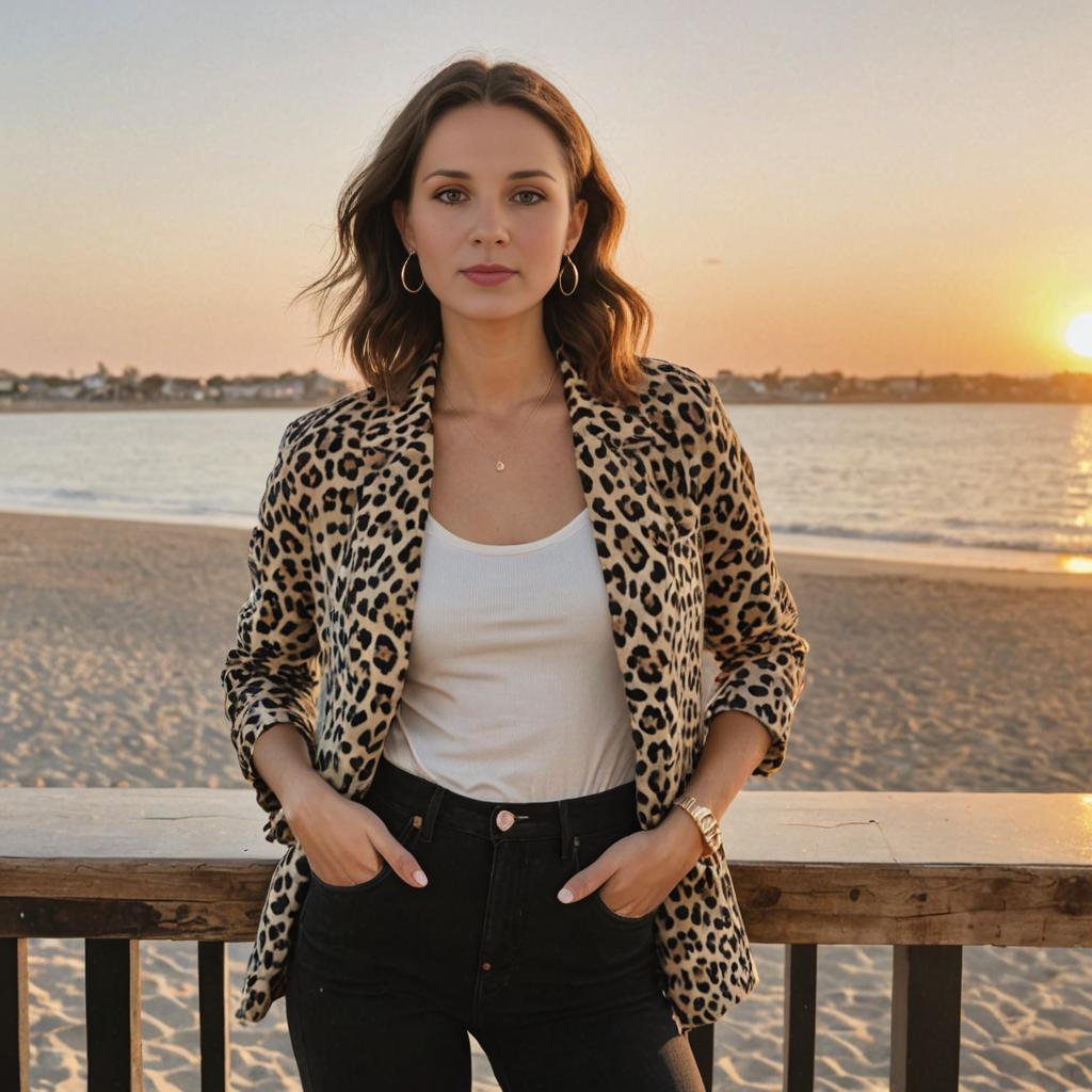 Confident Woman in Leopard Print Jacket on Beach Boardwalk at Sunset