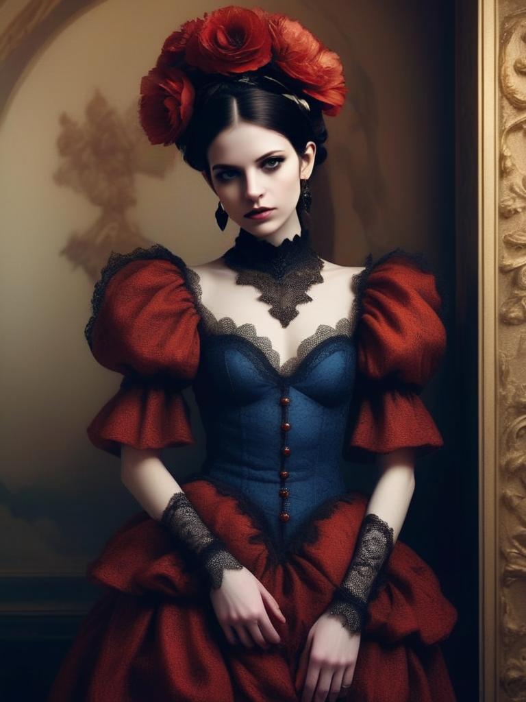 Victorian Woman in Luxurious Gown with Floral Headpiece