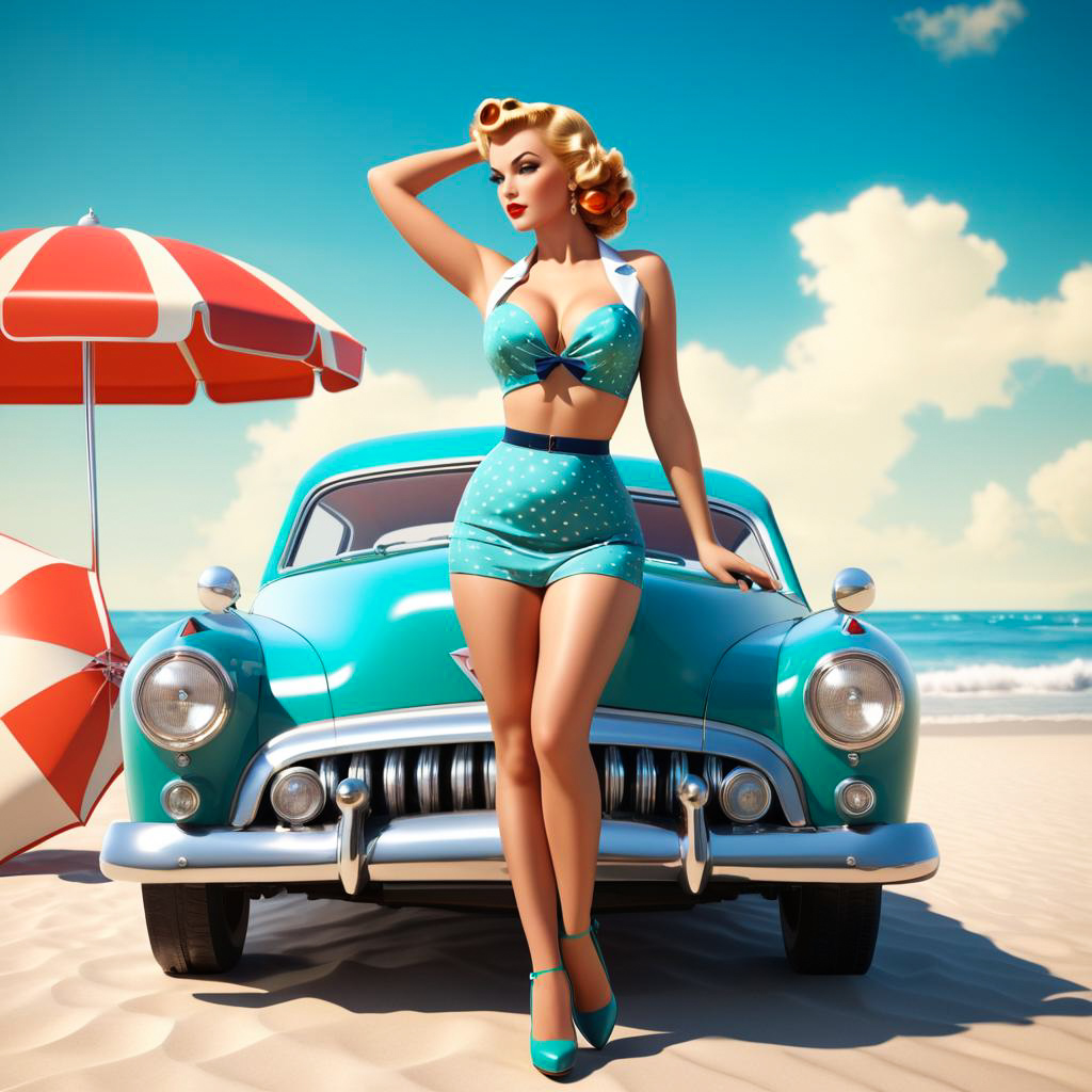 Stylish Woman in Retro Bathing Suit by Turquoise Car