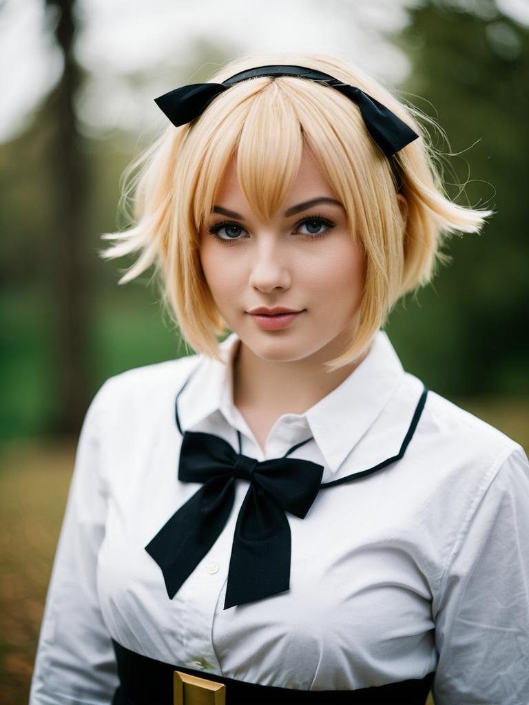 Blonde Woman in Classic White Blouse with Black Bow Tie Outdoors