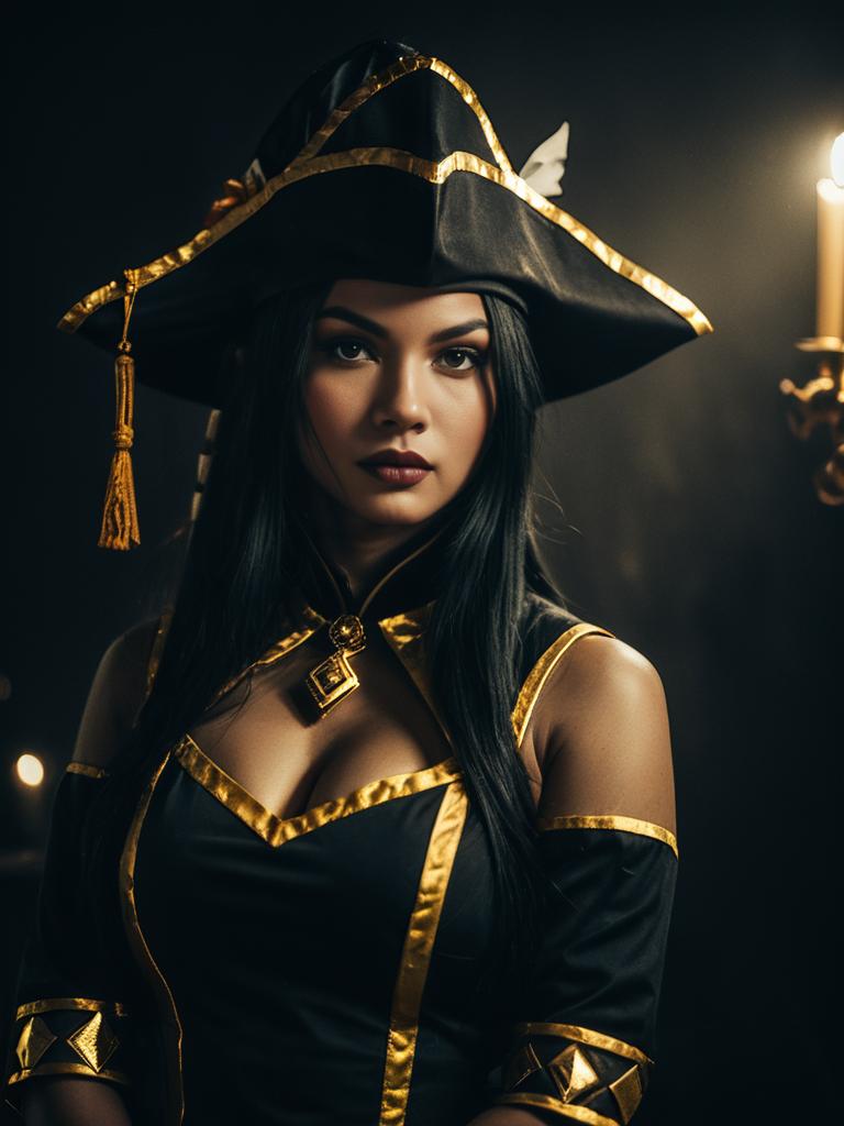 Realistic Ms. Fortune Cosplay Woman in Black and Gold Costume