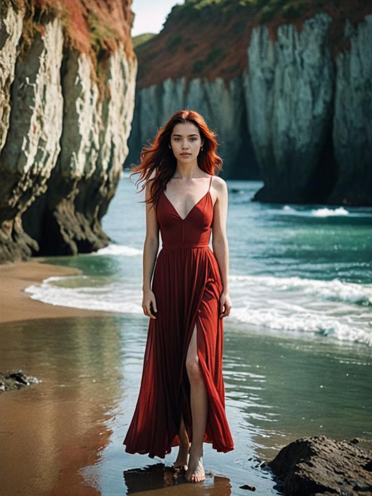 Woman in Red Dress Strolling on Serene Beach