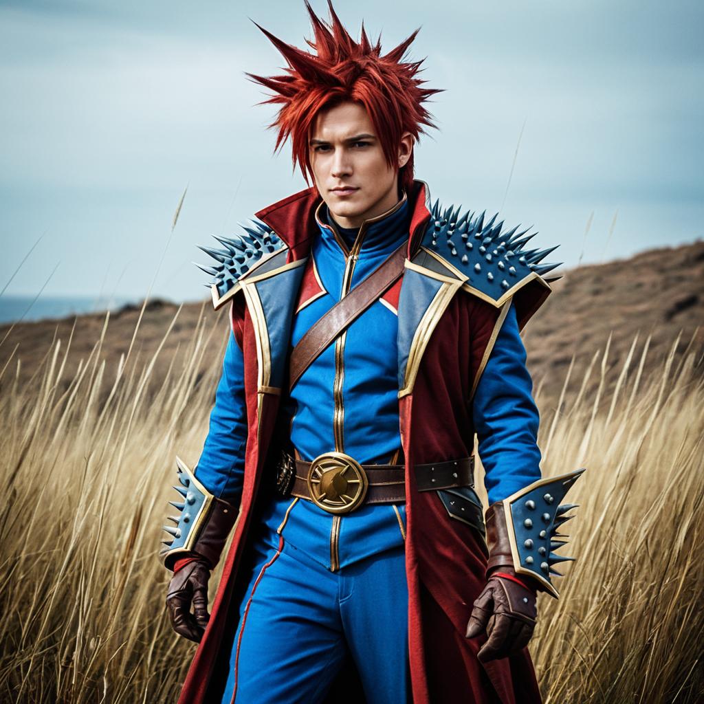 Fantasy Warrior Cosplay with Spiked Armor and Red Hair in Outdoor Setting