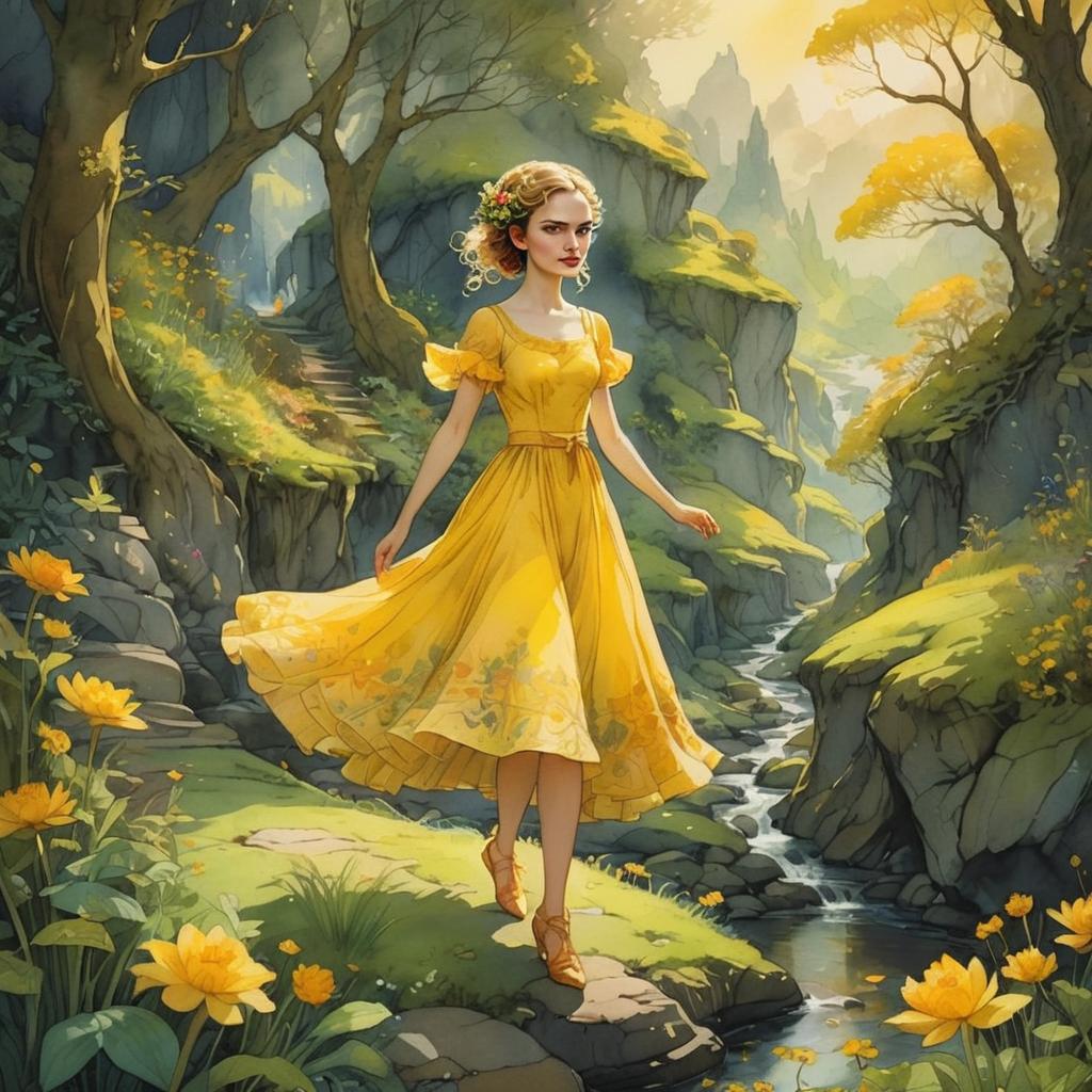 Woman in Yellow Dress in Enchanted Forest