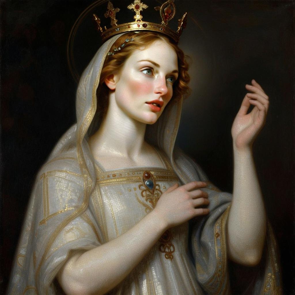 Regal Woman in Renaissance-Style Gown Wearing Gold Crown Portrait