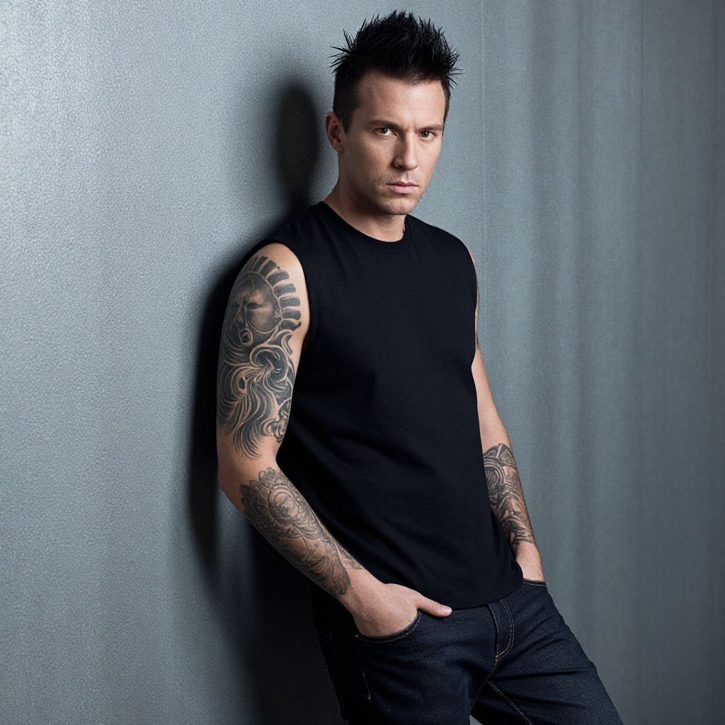 Tattooed Man in Black Sleeveless Shirt Against Gray Wall