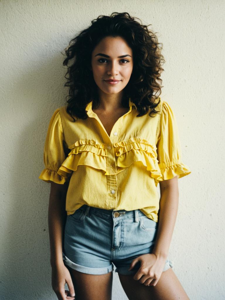 Young Woman in Yellow Ruffle Blouse and Denim Shorts Against Wall