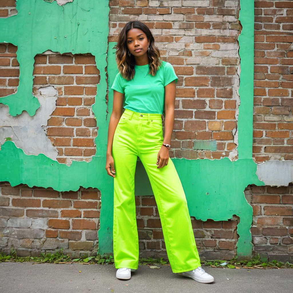 Confident Woman in Green T-Shirt and Neon Yellow Pants