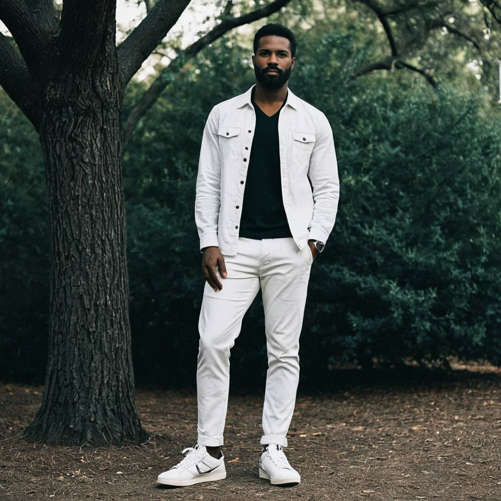 Stylish Man in White Outfit Surrounded by Trees