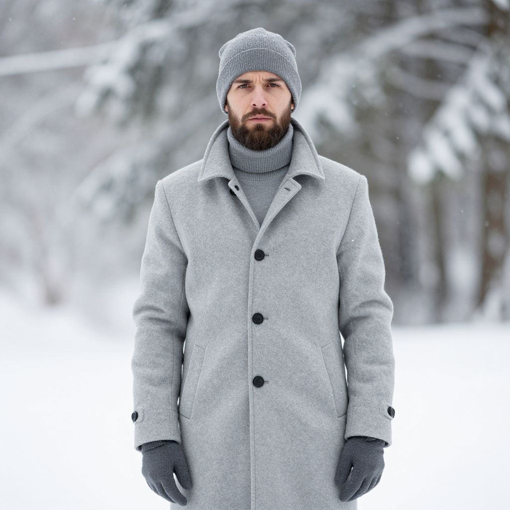 Bearded Man in Stylish Grey Winter Coat and Beanie in Snowy Forest