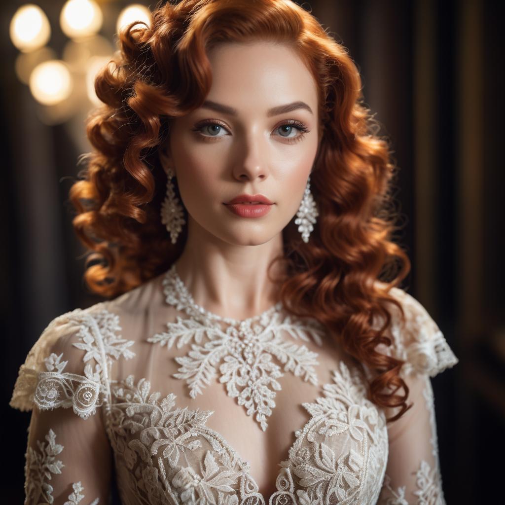 Glamorous Woman in Elegant Wedding Gown with Red Curls