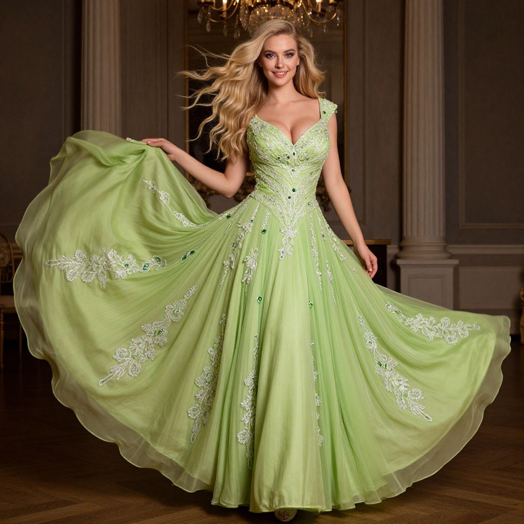 Elegant Woman in Flowing Light Green Embroidered Evening Gown