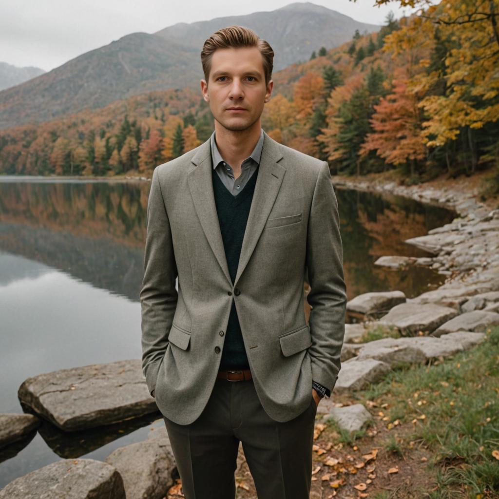 Man in tailored suit by serene lakeside with autumn foliage