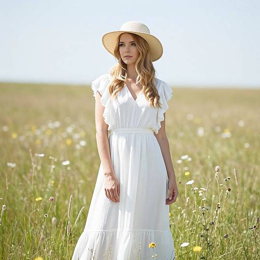 Woman in White Dress and Straw Hat Standing in Wildflower Meadow