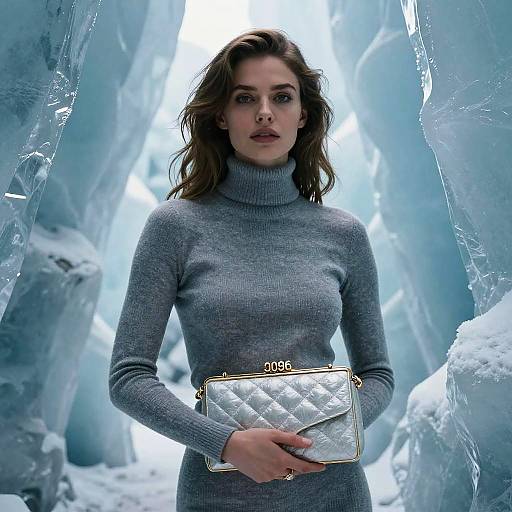 Modern Woman Fashion in Grey Turtleneck Holding Silver Handbag in Ice Landscape