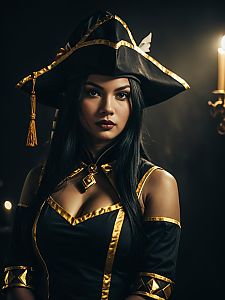 Realistic Ms. Fortune Cosplay Woman in Black and Gold Costume