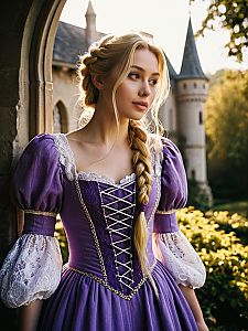 Young Woman in Medieval Purple Gown by Stone Doorway