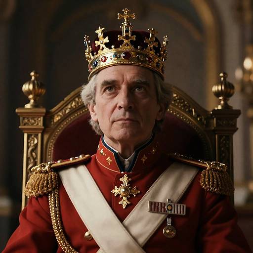 Elderly King in Regal Red Uniform Wearing Ornate Crown on Throne