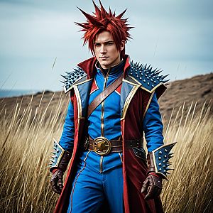 Fantasy Warrior Cosplay with Spiked Armor and Red Hair in Outdoor Setting