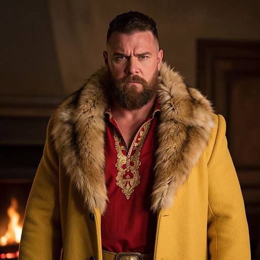 Bearded Man in Yellow Fur Collar Coat and Embroidered Red Shirt Indoor Portrait