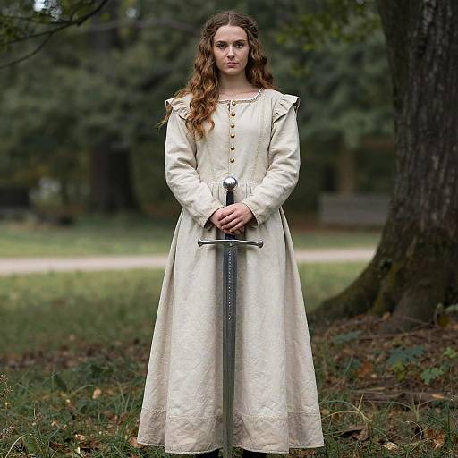 Woman in Medieval Dress Holding Sword Outdoors