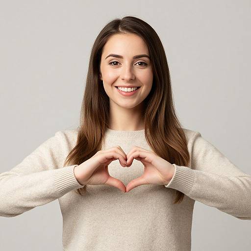 Smiling Woman Making Heart Gesture Wearing Beige Sweater