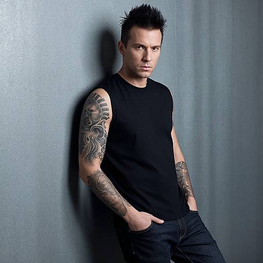 Tattooed Man in Black Sleeveless Shirt Against Gray Wall