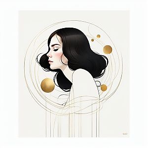 Serene Woman with Black Hair and Golden Orbs