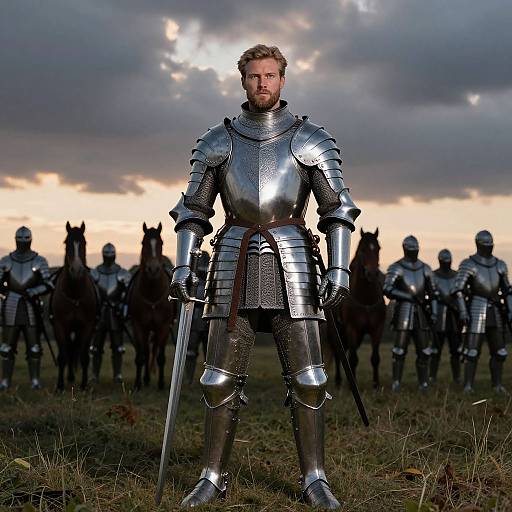 Medieval Knight in Full Armor with Soldiers and Horses on Battlefield