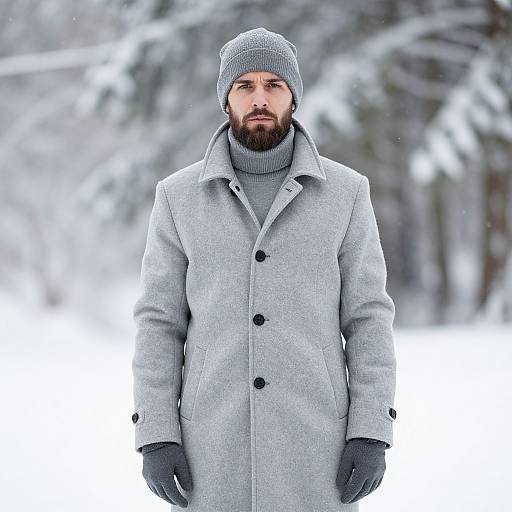 Bearded Man in Stylish Grey Winter Coat and Beanie in Snowy Forest