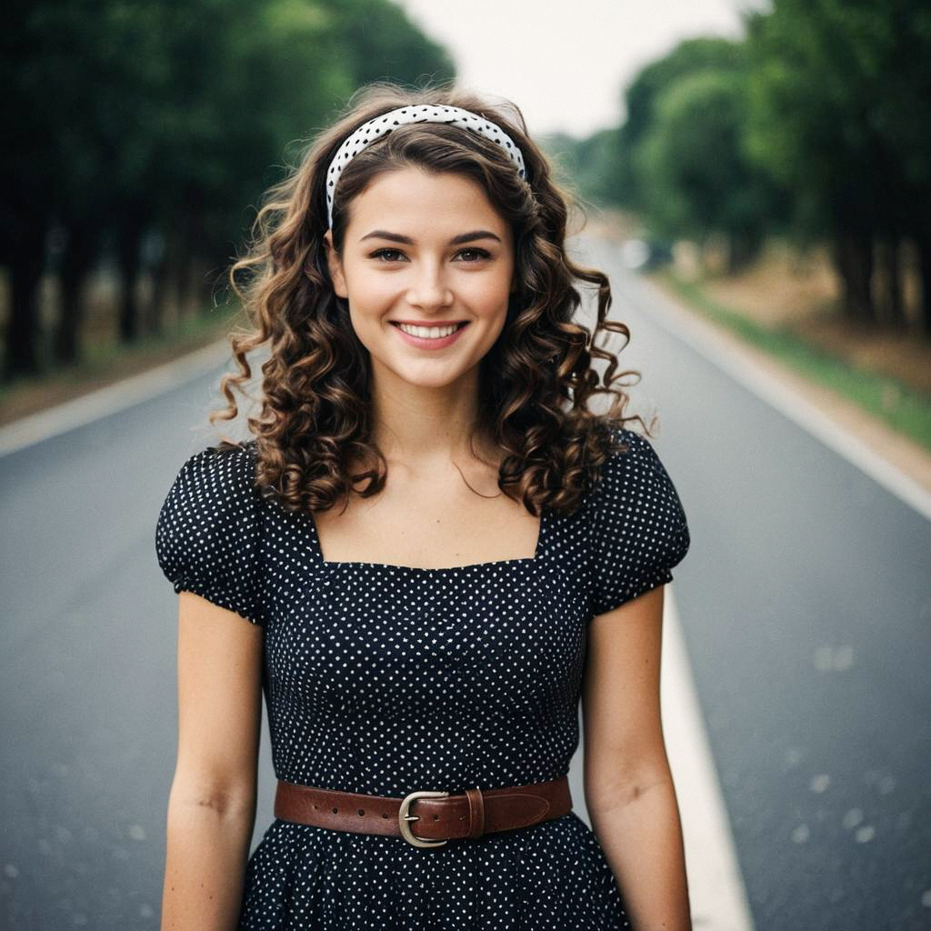 Young woman in polka dot dress on tree-lined road