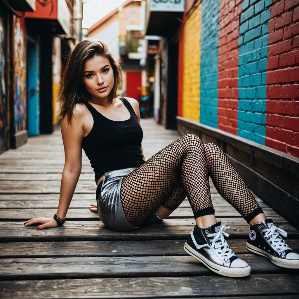 Edgy Young Woman in Fishnet Tights and Metallic Shorts Sitting on Urban Alley Walkway