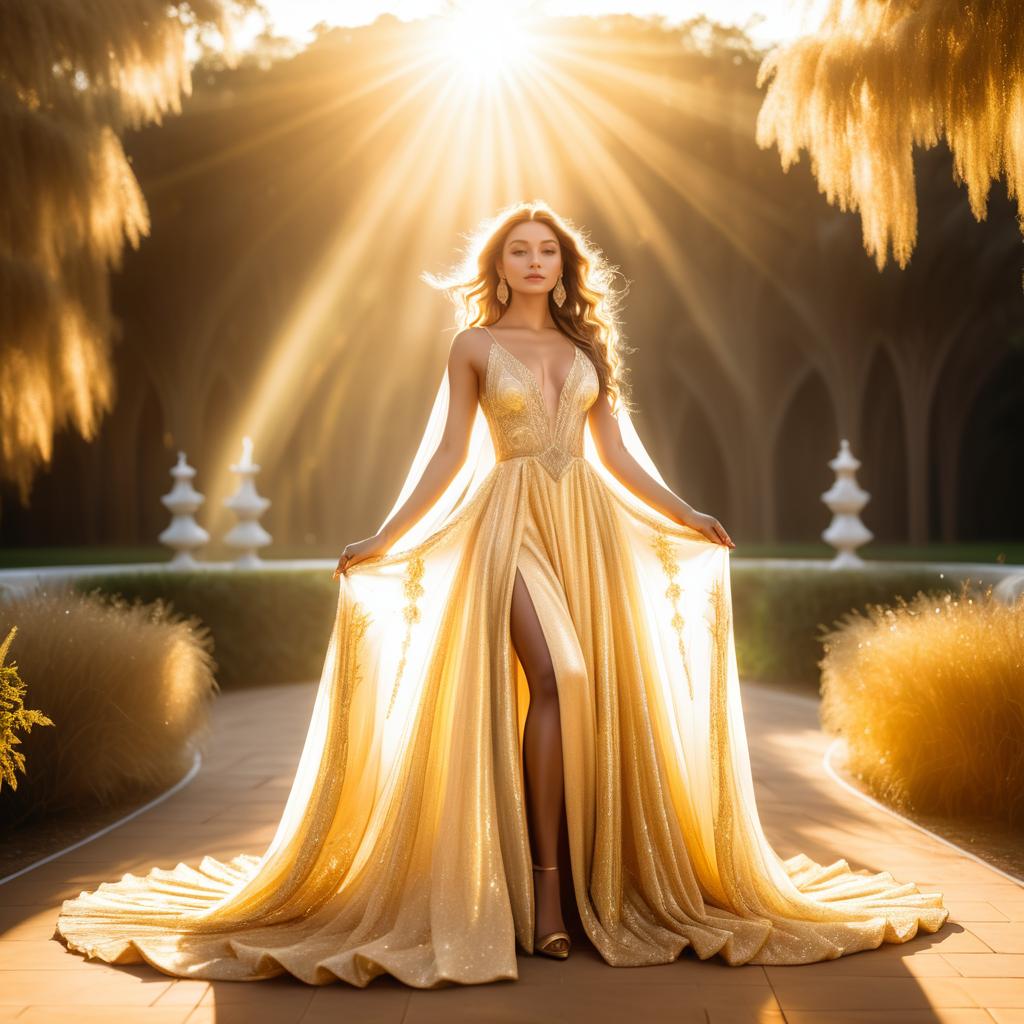 Stunning Woman in Golden Gown in Sunlit Garden