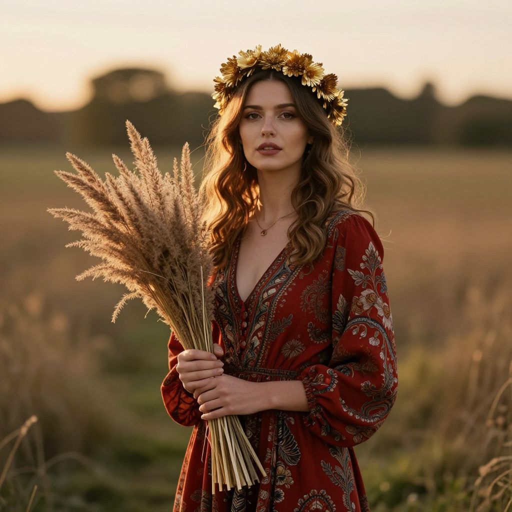 Bohemian Woman with Floral Crown and Dried Grasses in Sunlit Field