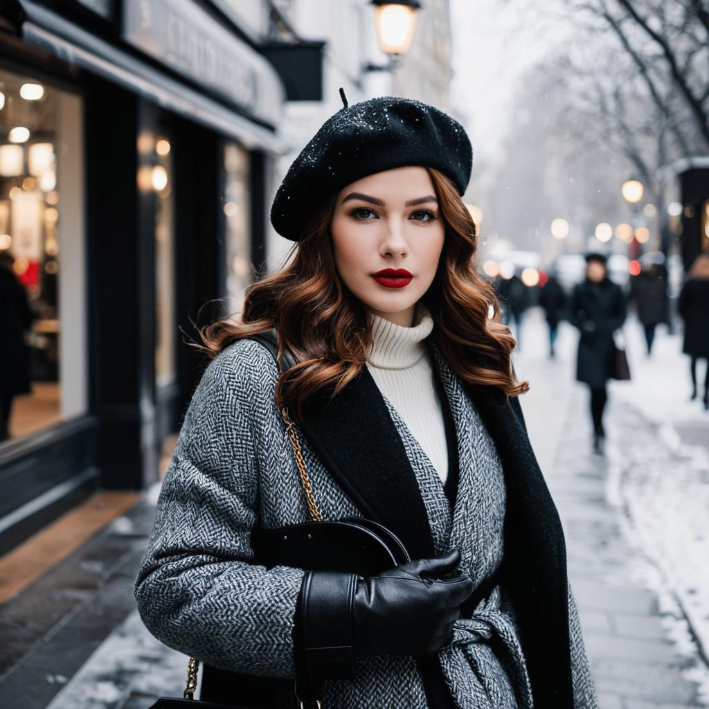 Stylish Woman in Winter Fashion on Snowy City Street