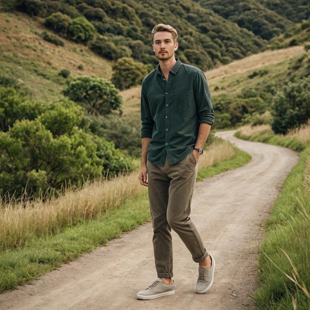 Stylish Man Walking on Dirt Road with Green Hillside