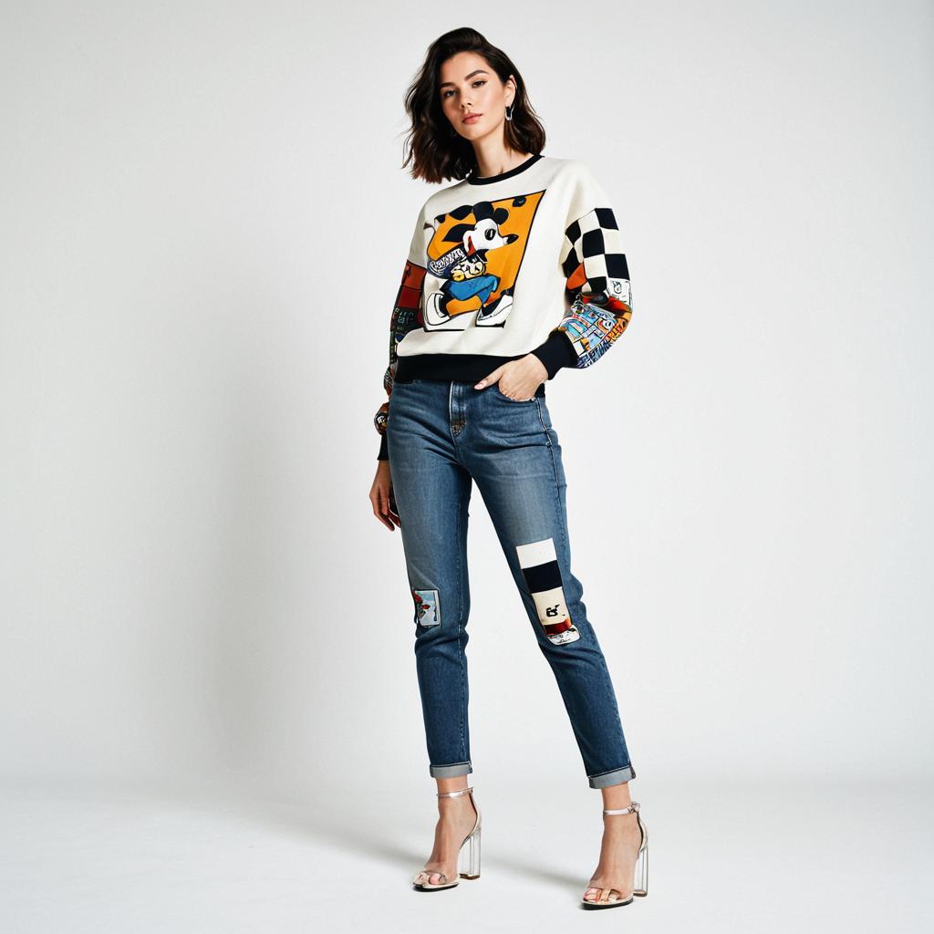 Trendy Woman Wearing Cartoon Graphic Sweatshirt and Patched Jeans in Studio