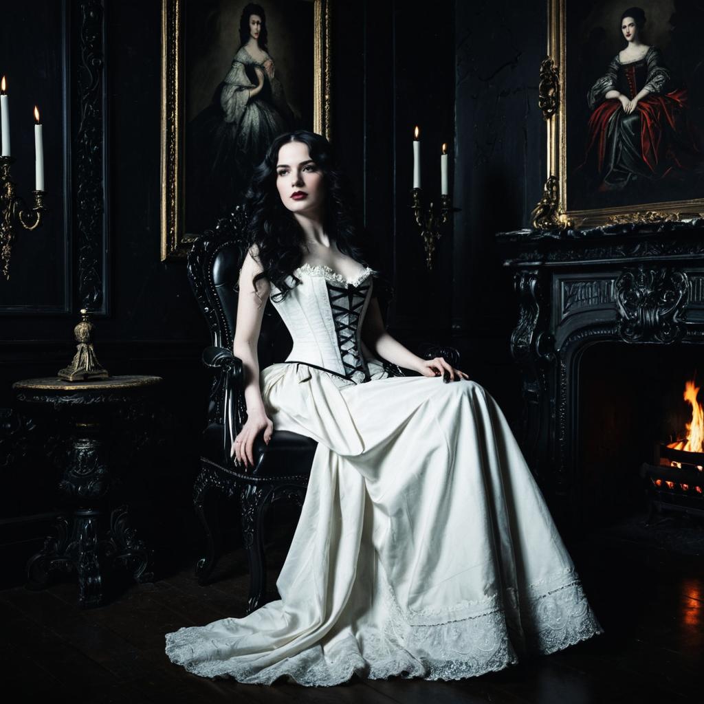 Victorian Gothic Woman in Elegant White Gown Sitting in Dark Vintage Room