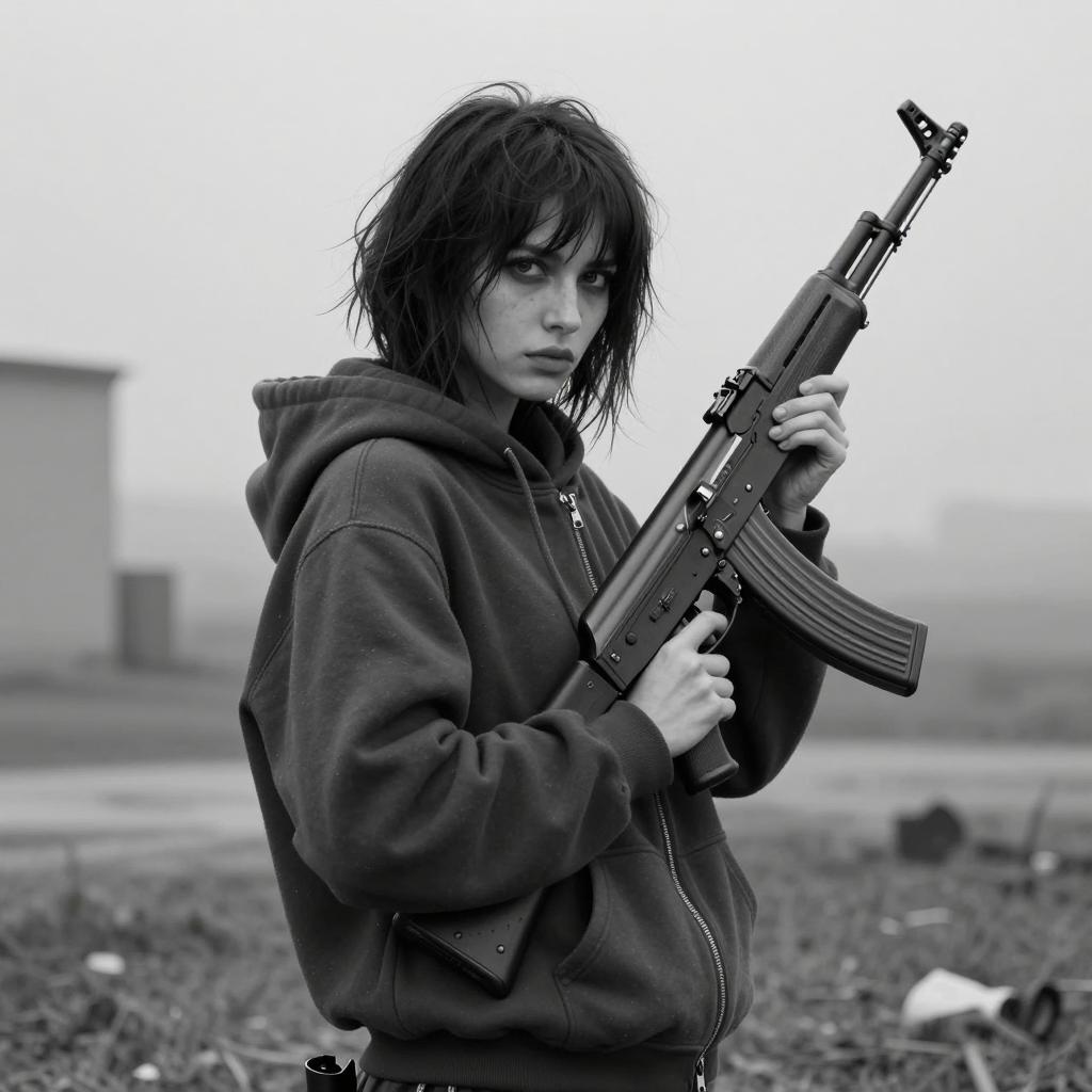 Grayscale Portrait of Young Woman Holding Rifle in Outdoor Setting