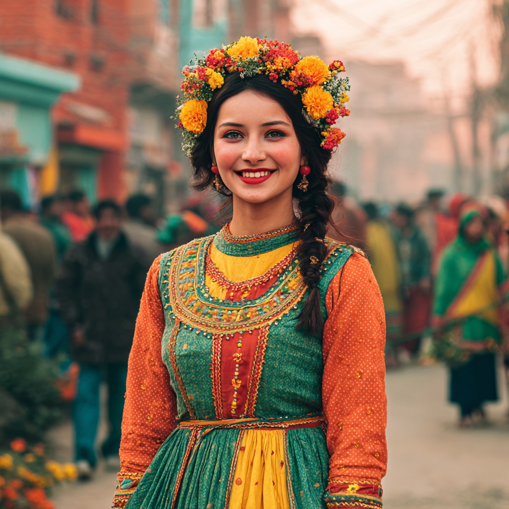 Woman in Colorful Traditional Dress with Floral Crown Woman in Colorful Traditional Dress with Floral Crown