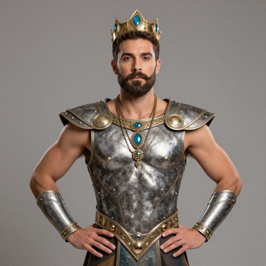 Medieval King in Ornate Armor with Crown and Blue Gemstones