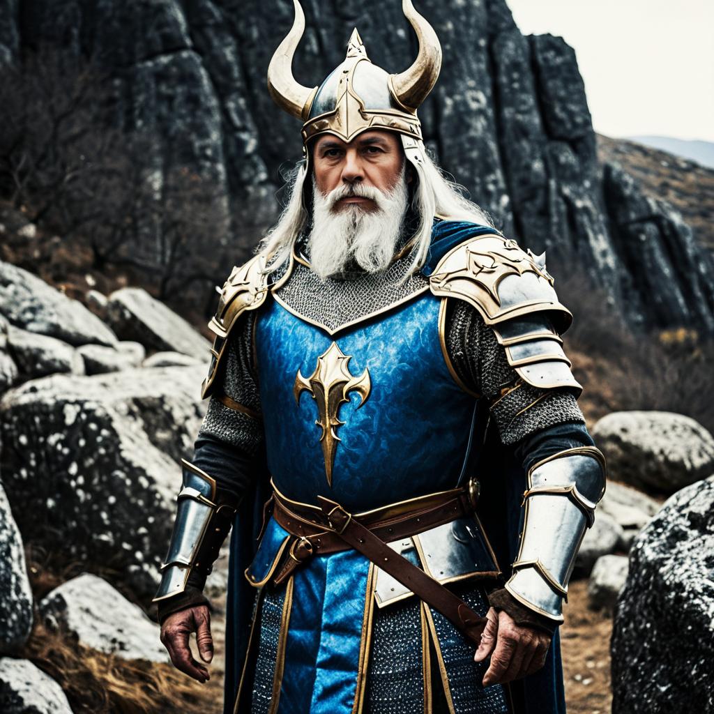 Medieval Knight in Blue and Gold Armor Standing in Rocky Landscape